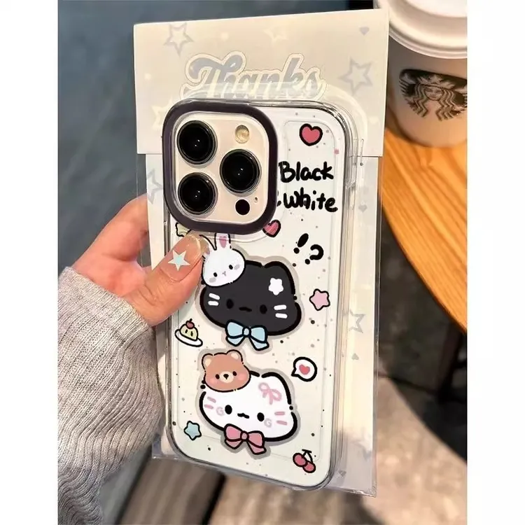 黑白可爱小猫适用iPhone15promax苹果16少女手机壳14/13韩系ins风