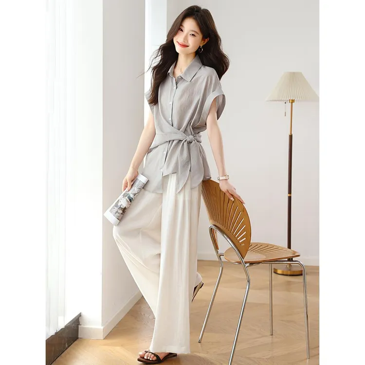 时尚套装女夏季2025新款设计感洋气休闲天丝短袖衬衫阔腿裤两件套