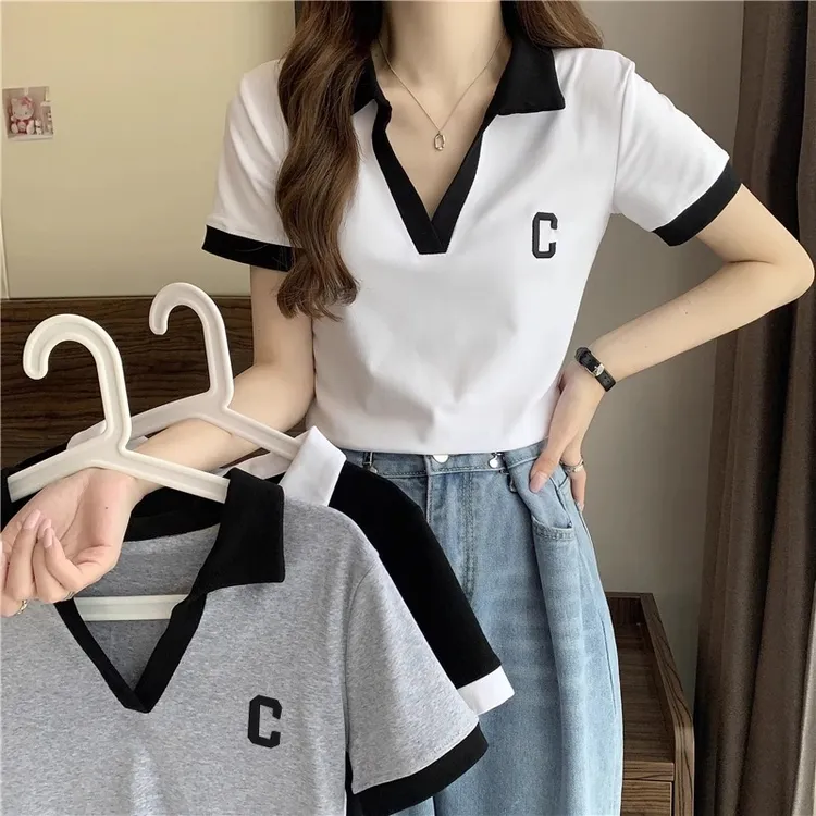 美式复古Polo领正肩短袖t恤女夏季设计感小众小个子短款v领上衣夏