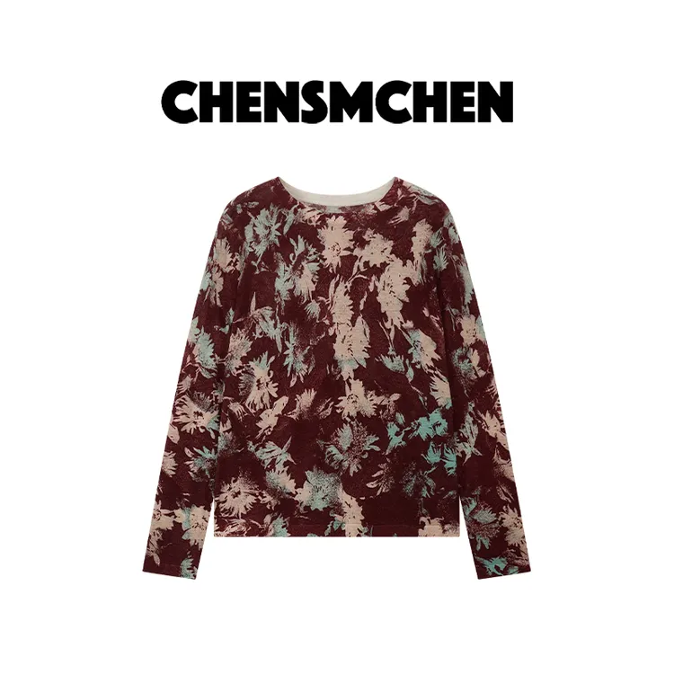 CHENSMCHEN100绵羊毛复古印花羊毛衫女时尚优雅显瘦上衣CSZ6095MX