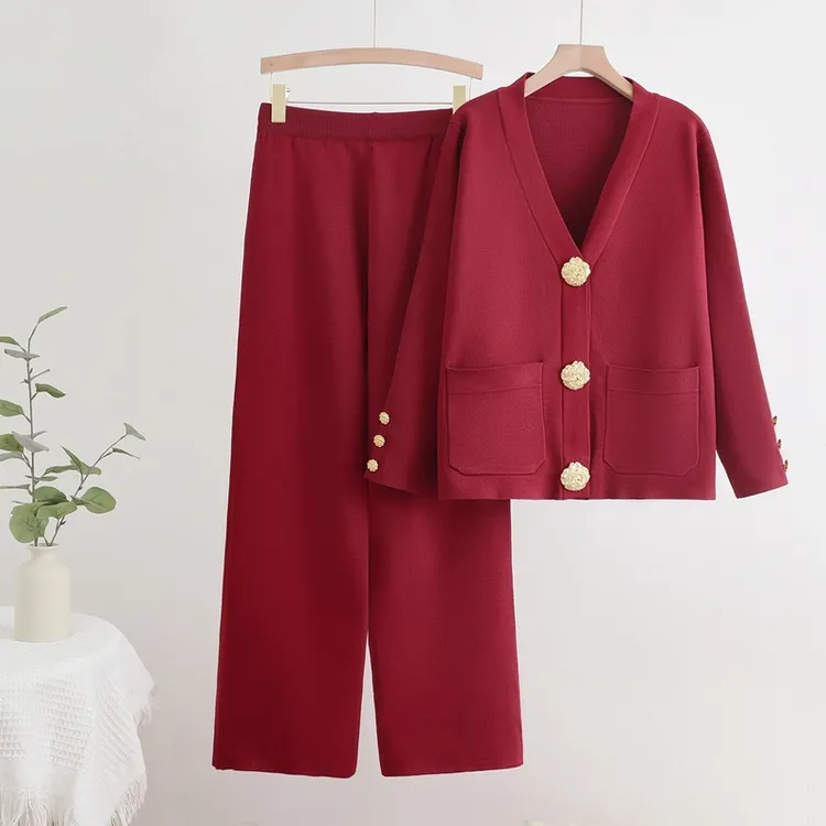 跨境外贸秋冬新款领单排金属纽扣开衫上衣阔腿裤针织百搭两件套