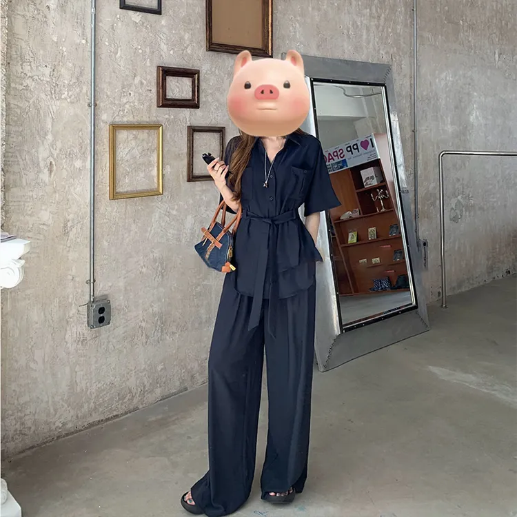 休闲气质老钱风休闲套装女宽松显瘦短袖衬衫休闲阔腿裤两件套830