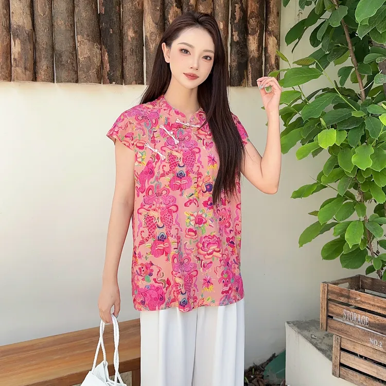 新中式棉绸短袖衬衫女夏季复古国风斜襟盘扣中长款人造棉立领上衣