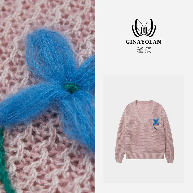 gy by 72/原创设计长袖V领手工花减龄时尚针织套头