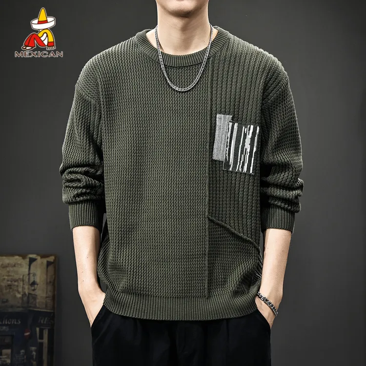 Mexican/稻草人美式重磅撞色毛衣男款秋冬宽松休闲针织衫保暖上衣