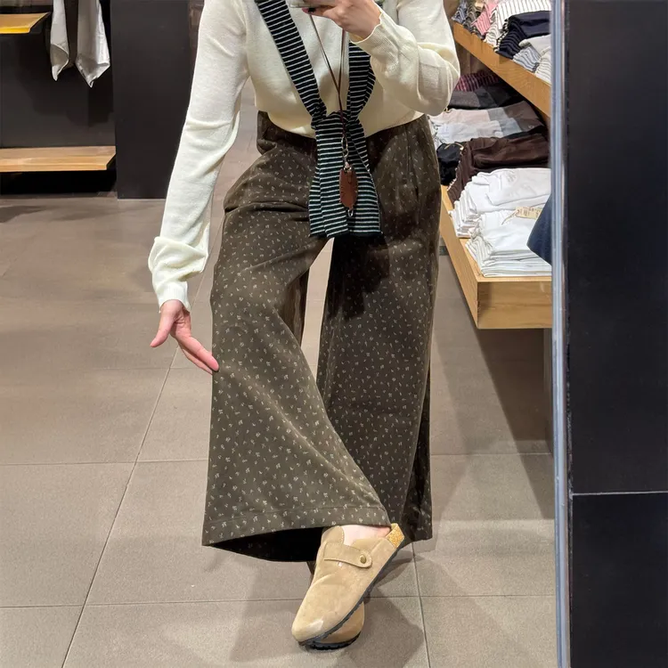 复古棕色碎花阔腿裤女秋季新款胖妹妹mm宽松显瘦慵懒风垂感休闲裤
