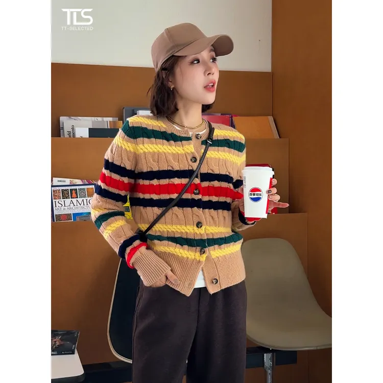 TT【多巴胺】100%羊毛美式复古粗线绞花撞色条纹针织开衫外套MY5220