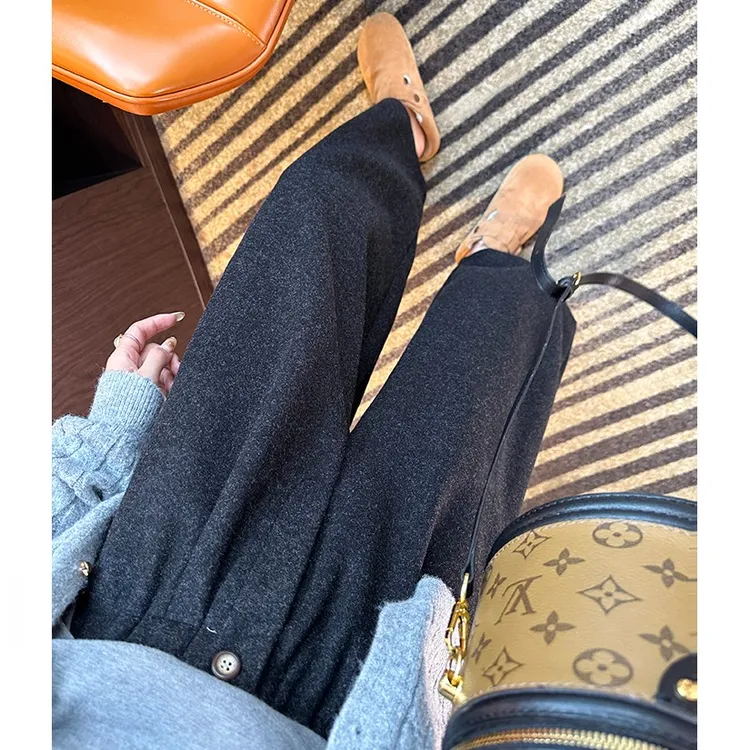 大码冬季款毛呢直筒阔腿休闲裤女梨形身材高腰宽松显瘦百搭九分裤