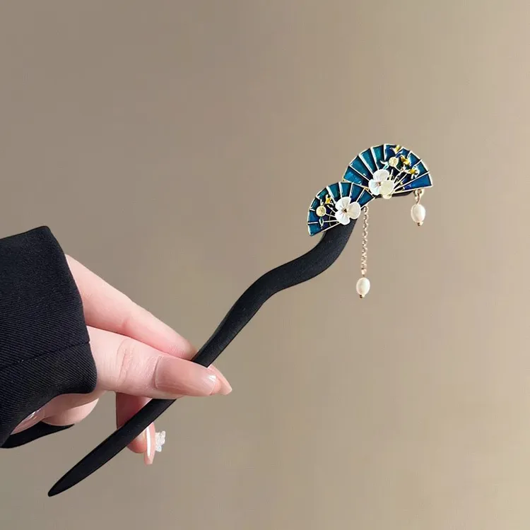 珍美妮双扇子流苏发簪白贝花朵珠子檀木国风复古茶服旗袍国潮头饰