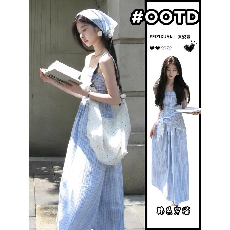 法式蓝色格子吊带连衣裙子女夏季2024新款海边度假小个子气质长裙
