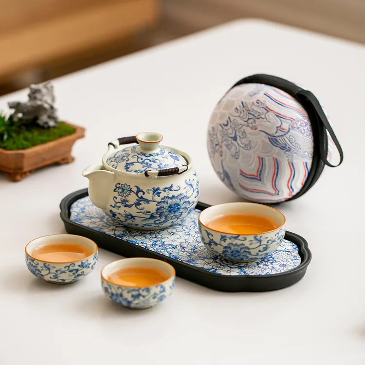 青花汝窑旅行茶具一壶三杯快客杯随身户外露营泡茶套装便携式茶盘