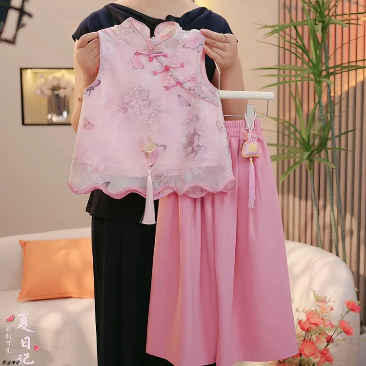 女童新中式套装夏季2025新款国风无袖碎花上衣轻薄九分阔腿裤清凉