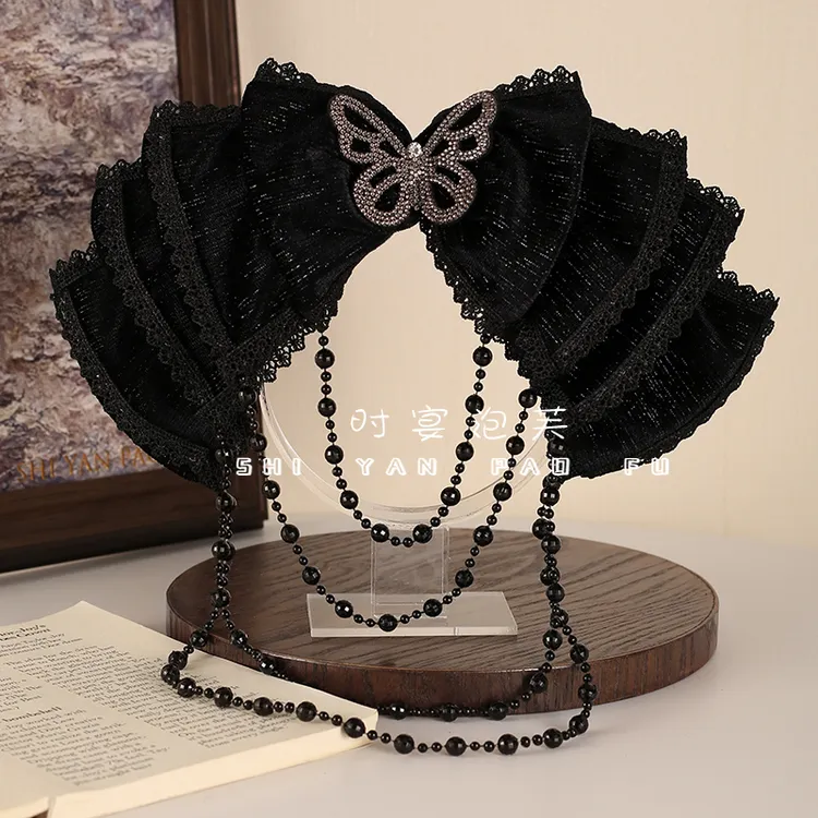黑天鹅丝绒弹簧夹蕾丝边丝绒发饰立体蝴蝶防滑条珠珠流苏一字夹女