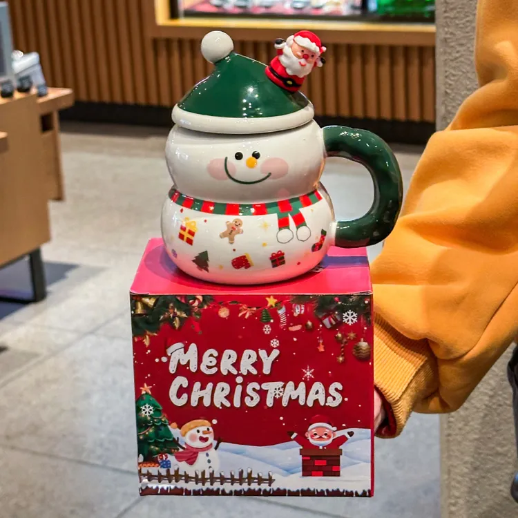 可爱小雪人陶瓷马克杯带盖圣诞节礼物高颜值情侣水杯伴手礼礼盒装