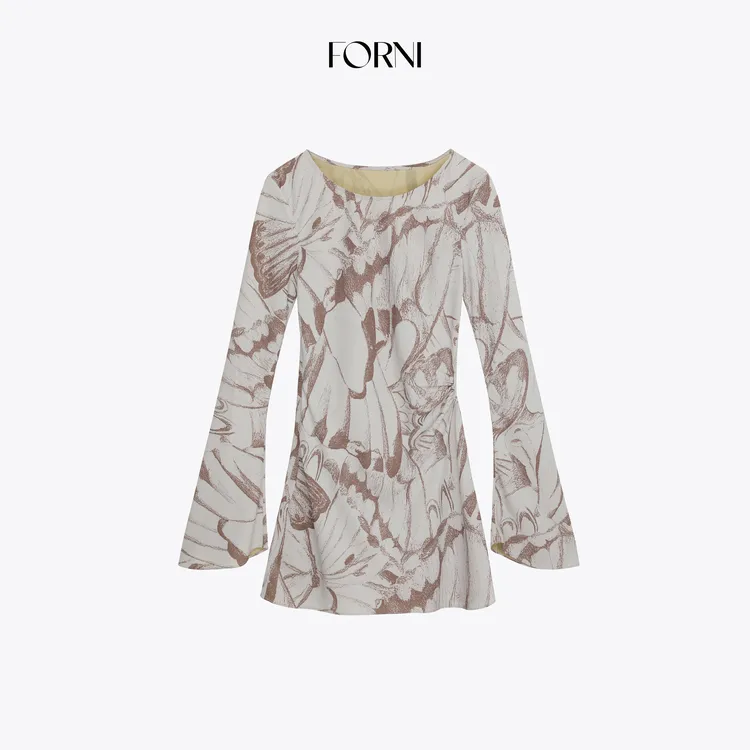 FORNI 无人区玫瑰 法式度假风晕染印花斜裁抽褶双版本连衣裙