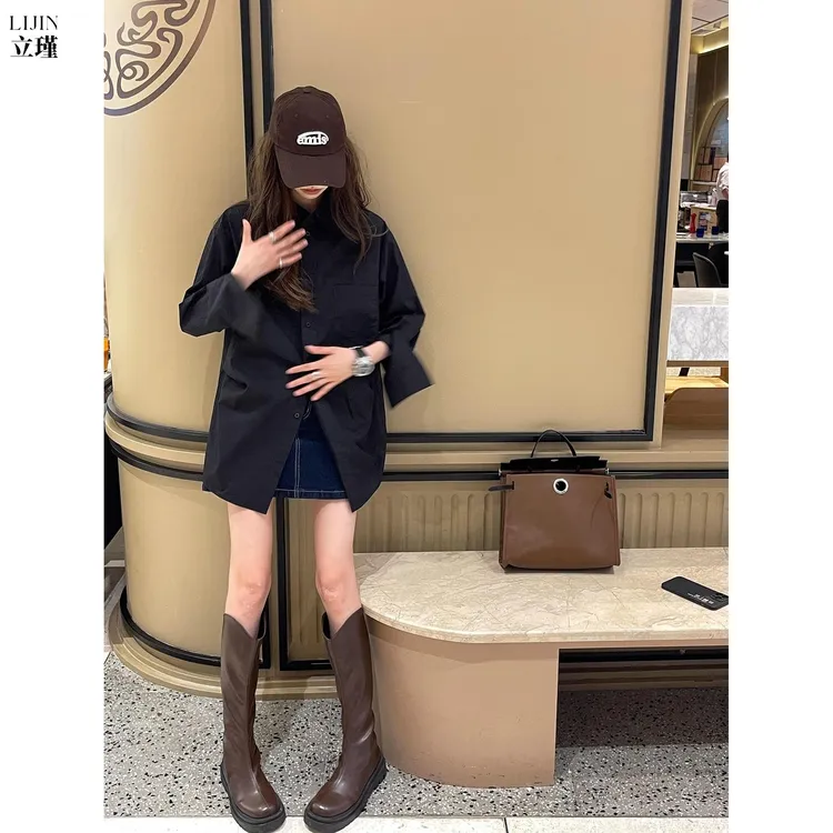 秋季款法式黑色宽松长袖设计感BF风百搭休闲女衬衫高级感个性上衣