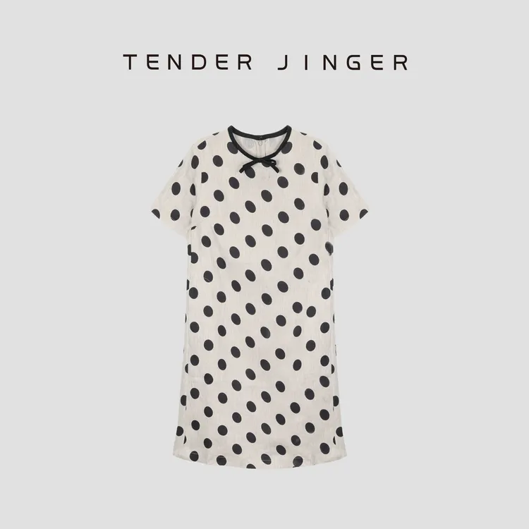 Tender Jinger斜纹亚麻波点及膝连衣裙T52HMD30365