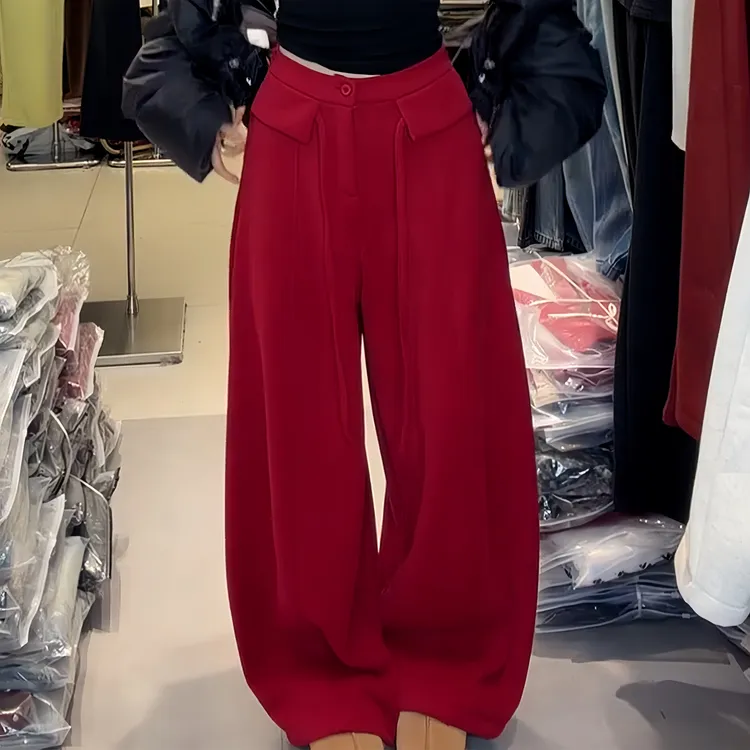 正红色加绒时尚抽绳休闲裤冬季新款宽松显瘦洋气弯刀阔腿拖地裤女
