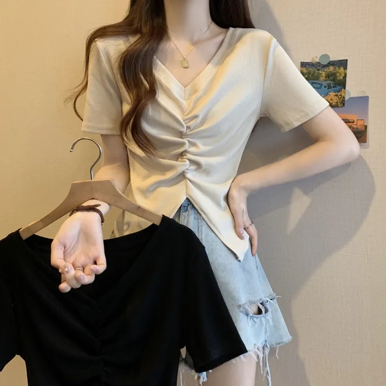 法式v领短袖T恤女夏季新款设计感收腰显瘦内搭打底衫正肩短款上衣
