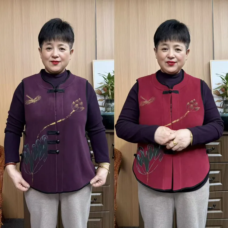 妈妈秋冬保暖摇粒绒高弹马甲新款中老年半高领新中式复古马甲
