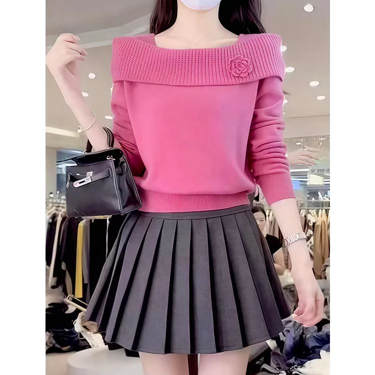 小香风气质一字肩翻领长袖针织衫女秋冬季爆款时尚减龄显瘦打底衫