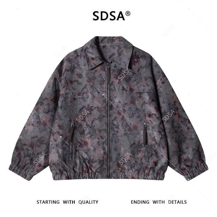 SDSA男士秋冬新款痞帅男装美式豹纹夹克翻领撞色百搭拉链外套时尚