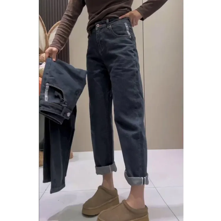 2025年春季新款小个子弹力哈伦牛仔裤女梨型身材大码显瘦老爹裤