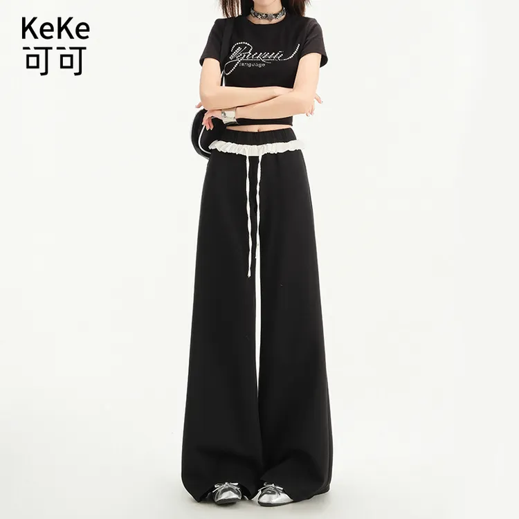 25年秋冬新款花边撞色设计松紧腰垂感运动微宽松微喇休闲卫裤女