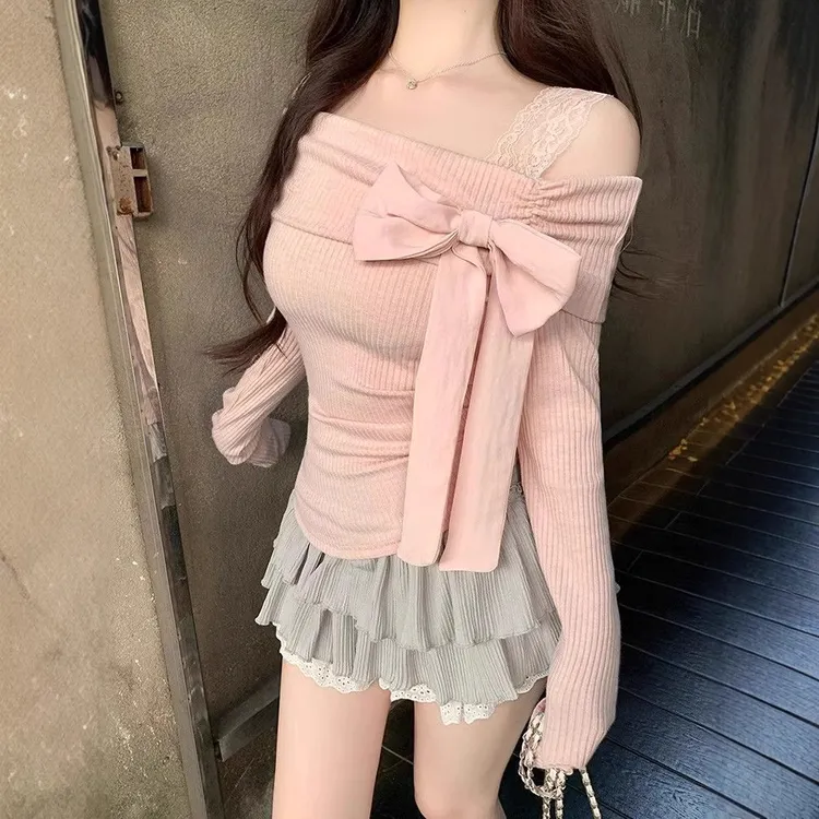 2025新款温柔风甜美一字领针织衫女装冬季小众蝴蝶结修身气质上衣