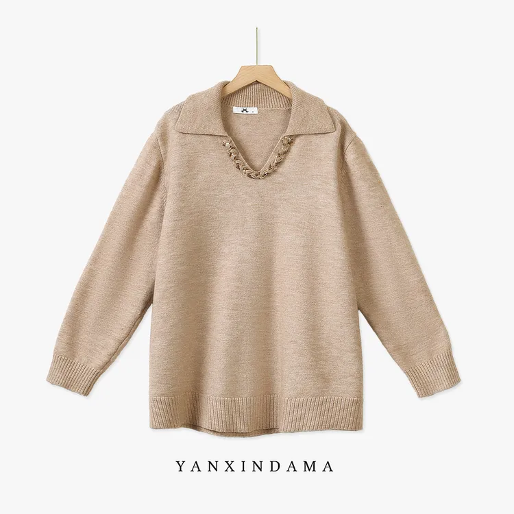 【岩心】大码女装300斤胖MM法式时尚百搭简约翻领长袖针织上衣10228