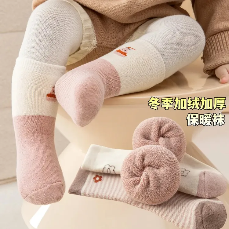 冬季婴儿袜子加绒加厚保暖地板袜宝宝可爱卡通过膝长袜新生长筒袜