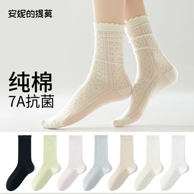 镂空透气花边堆堆袜女袜薄款春夏季纯棉中筒袜女款2025新款爆款