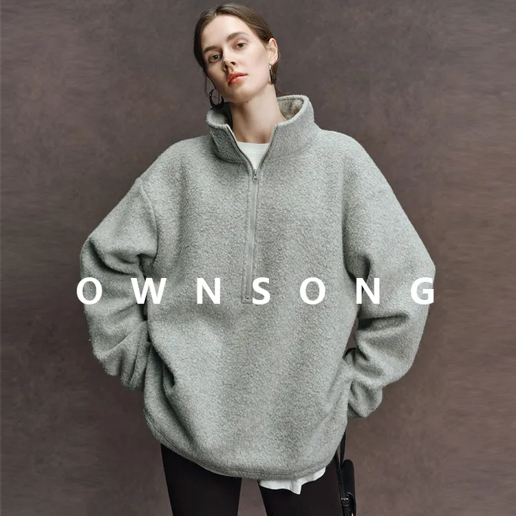 OWNSONG轻奢！羊毛超宽松半拉链高领摇粒绒加厚卫衣女冬套头上衣