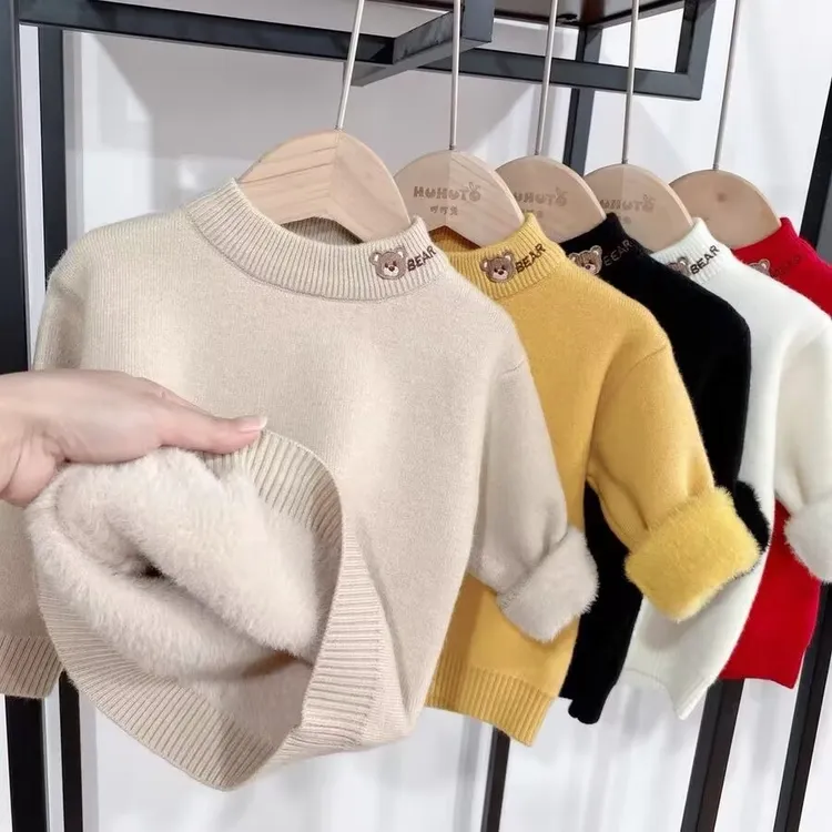 一体绒半高领毛衣秋冬新款百搭儿童保暖套头男女童洋气刺绣针织衫