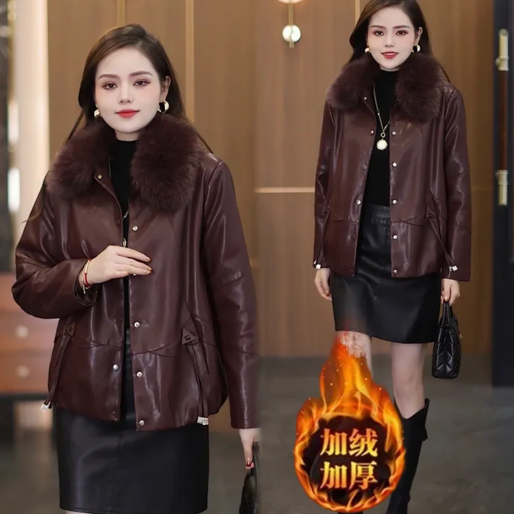 加绒皮衣短外套女2025年冬季新款韩版宽松洋气百搭保暖皮夹克上衣