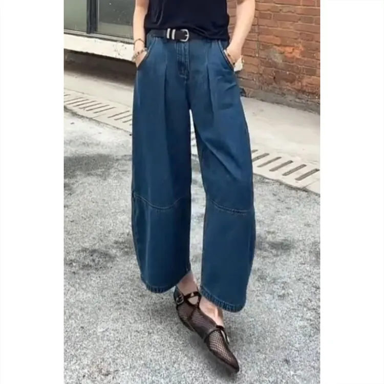 艾塔莉蓝色宽松遮肉牛仔裤女夏季新款时尚直筒裤大码九分阔腿裤