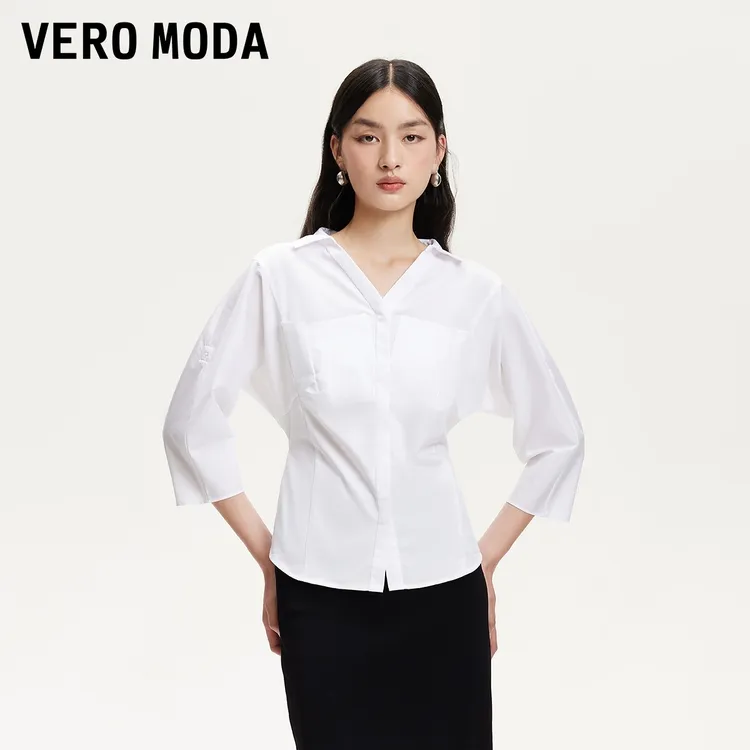 Vero Moda衬衫女2025秋季新款通勤收腰V领七分袖白衬衫325331011