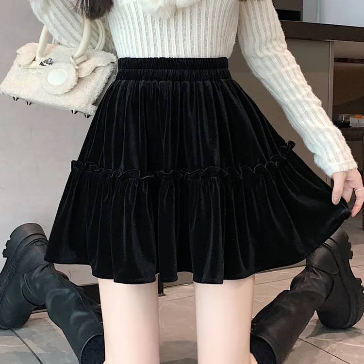【冲量价】丝绒木耳边半身裙女2025秋冬季高腰显瘦小个子a字短裙子
