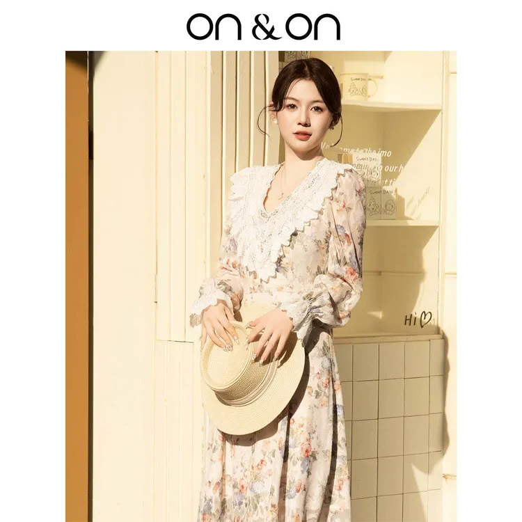 ON&ON/安乃安25早秋新款法式蕾丝拼接收腰气质连衣裙-N5SA1627291