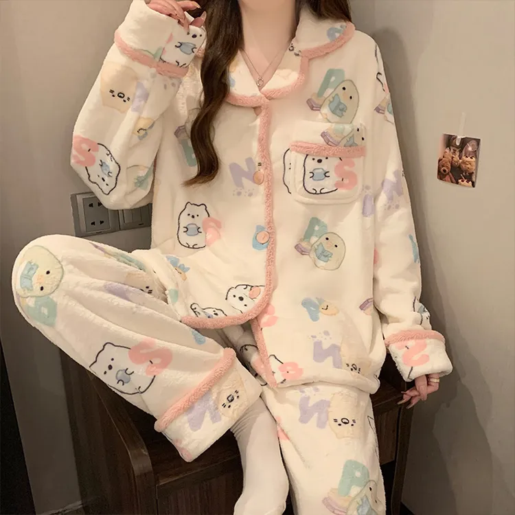 秋冬季加厚保暖法兰绒睡衣女卡通可爱ins甜美少女套装家居服宽松