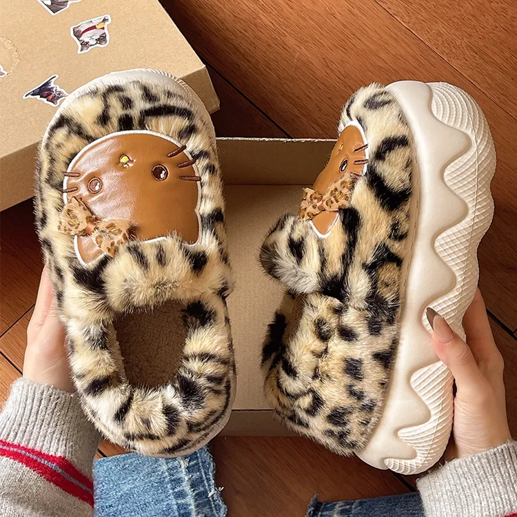 豹纹猫咪毛绒棉鞋女冬季保暖外穿厚底防滑包跟加绒可爱居家棉拖鞋