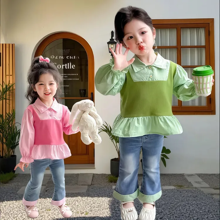 春装新款洋气假两件女童春季甜美韩版套装小童时髦洋气拼接衣服