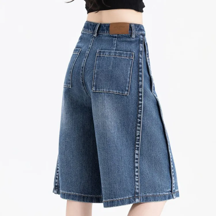 高腰复古五分牛仔短裤女2025年夏季百搭显瘦宽松a字阔腿六分裤