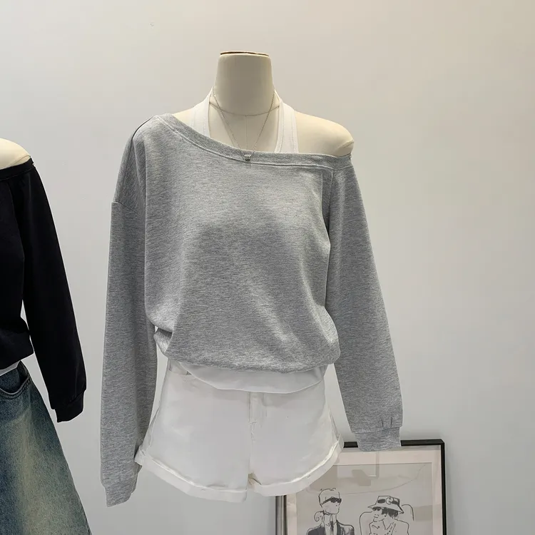 【部分现】高级撞款挂脖假两件灰色斜肩卫衣T恤女早秋上衣女250808