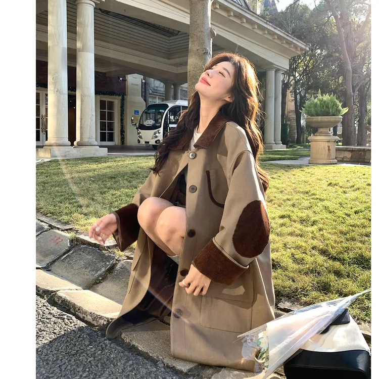 卡其色设计感小众宽松大码胖妹妹风衣外套韩系温柔孕妇秋装大衣