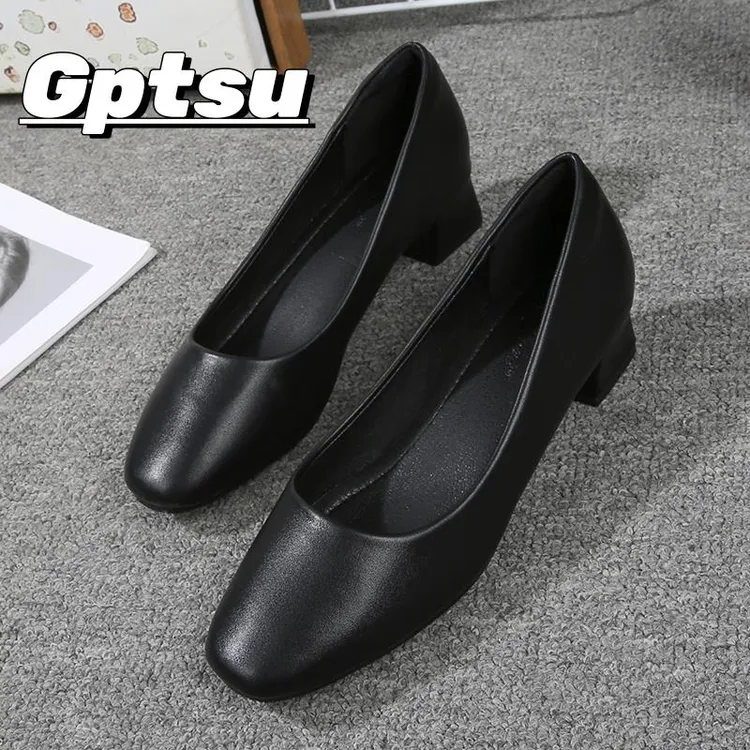 GPTSu方头久站工作鞋女鞋黑色百搭低跟上班职业舒适软皮粗跟单鞋
