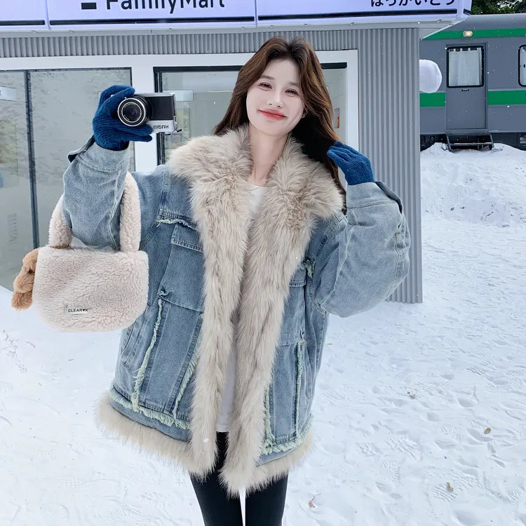 大毛领拼接牛仔棉服外套女2025冬季新款复古小个子超好看加厚棉袄