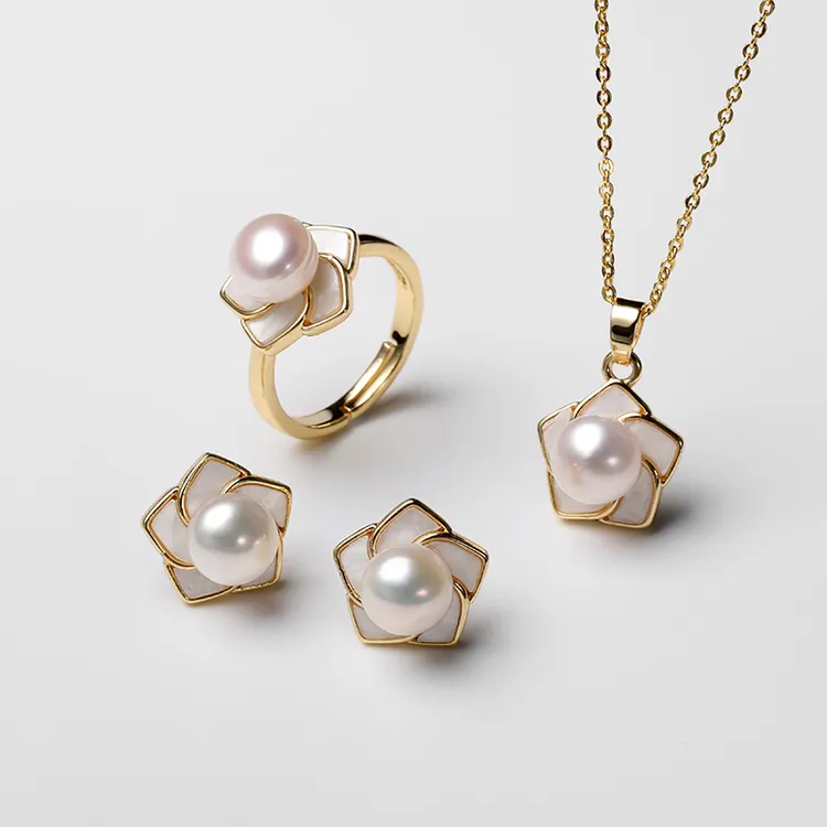 皓泽珠宝 淡水无核珍珠约8-9mm白珠太阳花吊坠戒指耳钉三件套