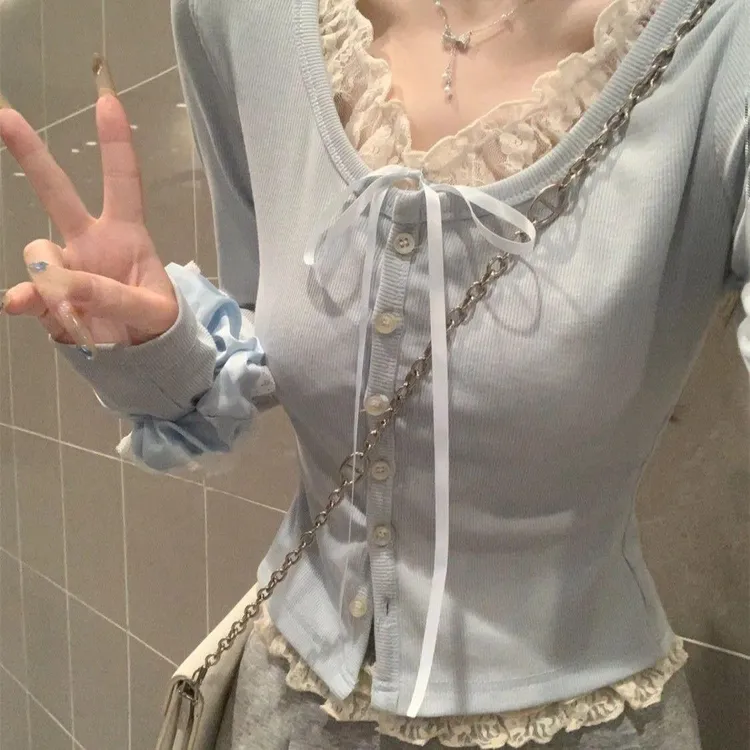 2025春夏韩版纯欲蕾丝拼色单排扣假两件长袖打底衫T恤上衣女