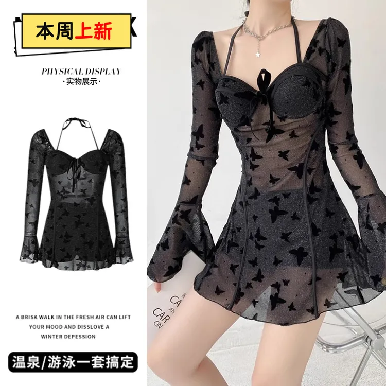 泳衣女2025新款蝴蝶魅夜连体显瘦保守裙式闪粉高级度｜992人收藏